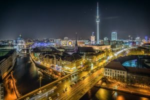 Birds eye view of European town at night
