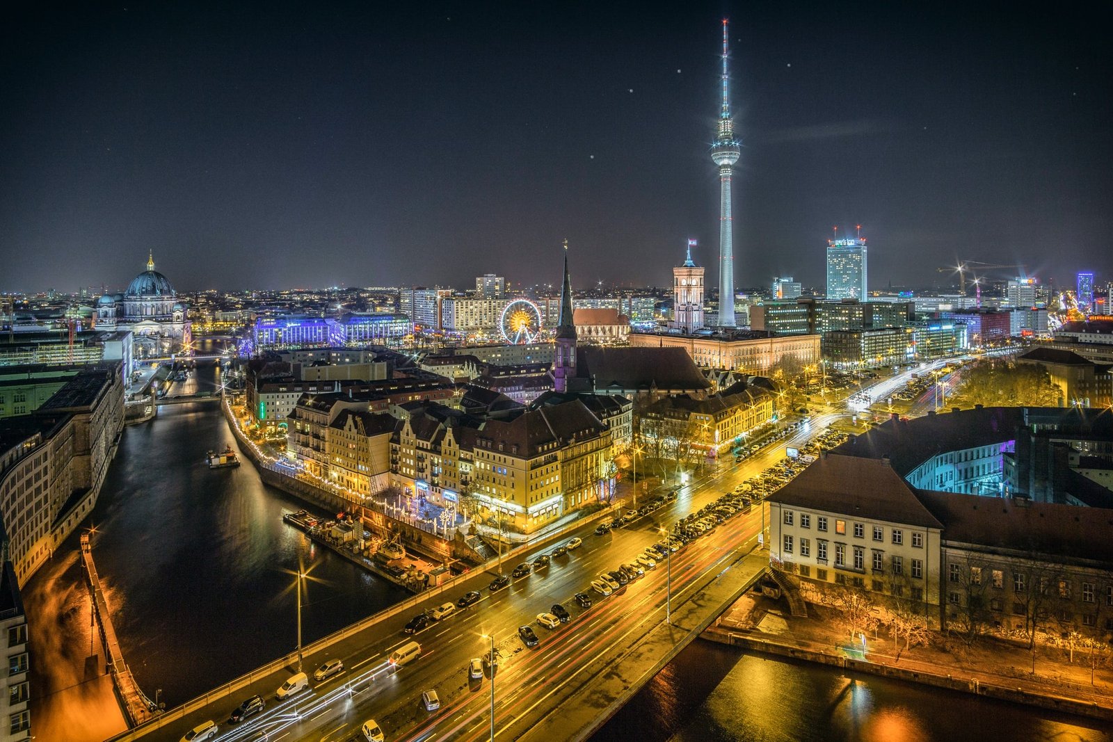 Birds eye view of European town at night