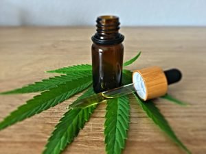 CBD oil bottle on cannabis leaf