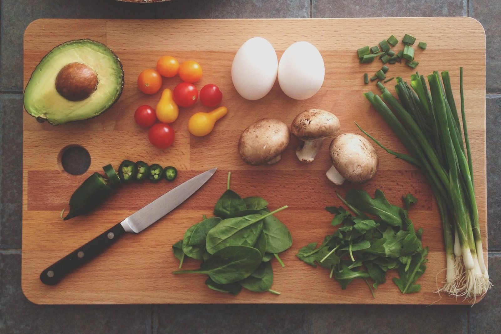 fruity and veg on wooden board